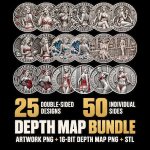 Puede incluir: Una colección de 25 diseños de monedas de doble cara con varias figuras pin-up en lencería roja, con el texto HEADS y TAILS I GET HEAD I GET TAIL. El paquete incluye 50 caras individuales como archivos de arte PNG, mapa de profundidad PNG de 16 bits y STL.