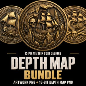 Könnte beinhalten: Eine digitale Sammlung von 15 Piratenschiff-Münzdesigns mit Reliefs von Segelschiffen, Totenköpfen, Skeletten und Meeresbewohnern. Der Text lautet 15 PIRATE SHIP COIN DESIGNS DEPTH MAP BUNDLE ARTWORK PNG + 16-BIT DEPTH MAP PNG.
