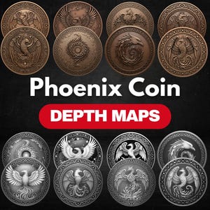 Phoenix Coin Depth Map Bundle: 3D Depth Maps for Laser Engraving (PNG + Depthmaps)