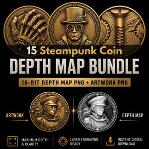 Steampunk Coin Depth Maps for Laser Engraving, 3D Depthmap Bundle