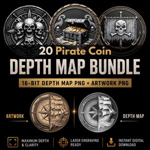 Pirate Coin Depth Map Bundle: 3D Depth Maps for Laser Engraving (PNG + Depthmaps)