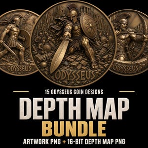 Puede incluir: Tres medallones circulares en tonos bronce con relieves de un guerrero llamado Odiseo en escenas de batalla, con el texto 15 ODYSSEUS COIN DESIGNS DEPTH MAP BUNDLE ARTWORK PNG + 16-BIT DEPTH MAP PNG en letras blancas y doradas.