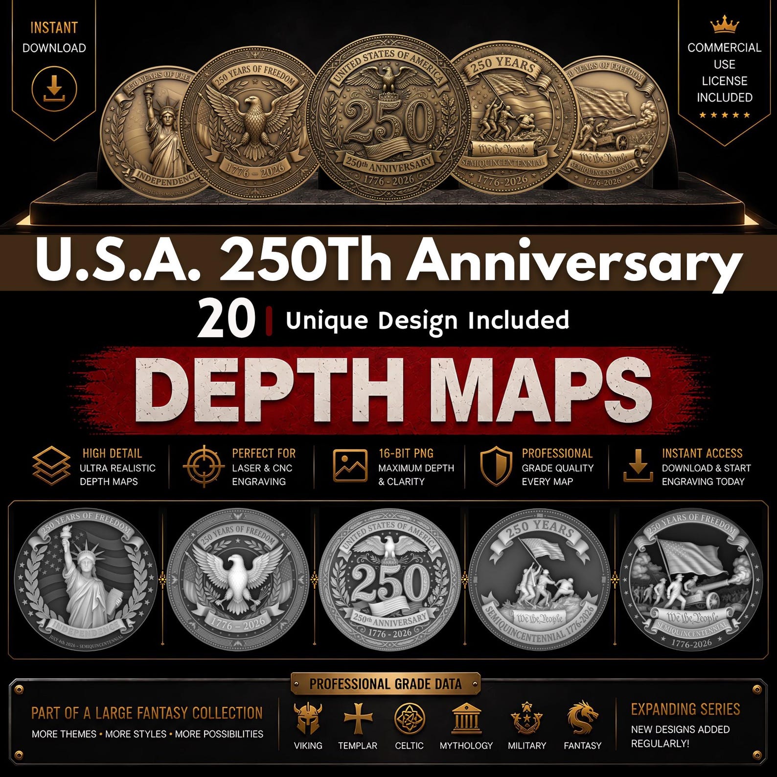 Us Coin Map USA 250th Anniversary Coin Depth Map Bundle: 3D Embossing Depth Maps ...