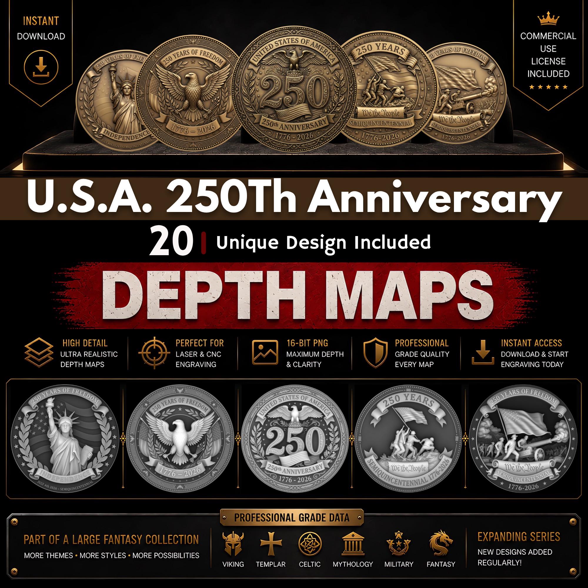 USA 250th Anniversary Coin Depth Map Bundle: 3D Embossing Depth Maps ...