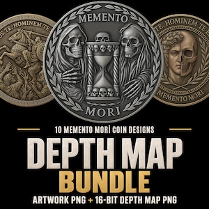 Puede incluir: Una colección digital de 10 diseños de monedas Memento Mori con relieves detallados de esqueletos, relojes de arena y bustos clásicos. El paquete incluye archivos PNG de arte y archivos PNG de mapa de profundidad de 16 bits para modelado 3D.