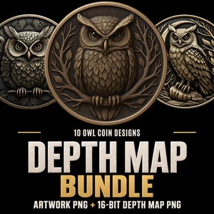May include: Three circular bronze-toned medallions featuring detailed owl illustrations, centered above the text 10 OWL COIN DESIGNS DEPTH MAP BUNDLE ARTWORK PNG + 16-BIT DEPTH MAP PNG. The owls are depicted with intricate feather textures and branch motifs.