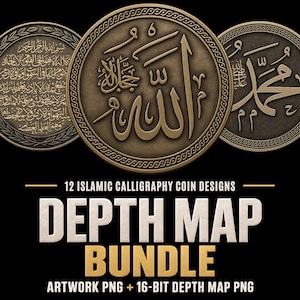 Puede incluir: Una colección de tres medallones circulares en tonos bronce con caligrafía árabe en relieve. La moneda central muestra la palabra Allah, mientras que las otras presentan una escritura intrincada. Texto: 12 ISLAMIC CALLIGRAPHY COIN DESIGNS DEPTH MAP BUNDLE ARTWORK PNG + 16-BIT DEPTH MAP PNG.
