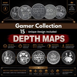 May include: A collection of silver-colored gamer-themed coins with various designs, including a wizard, a game controller, and playing cards. The text "Gamer Collection" and "Depth Maps" are prominently displayed. Includes commercial use license.