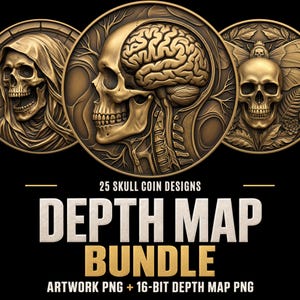 Könnte beinhalten: Eine Sammlung von drei kreisförmigen goldfarbenen Medaillons mit Reliefs von Schädeln, darunter einer mit Gehirn, eine Kapuzenfigur und einer mit Flügeln. Der Text lautet 25 SKULL COIN DESIGNS DEPTH MAP BUNDLE ARTWORK PNG + 16-BIT DEPTH MAP PNG.