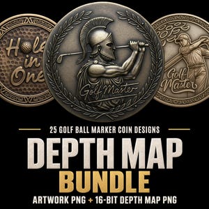 May include: A collection of 25 golf ball marker coin designs featuring metallic circular tokens with embossed imagery including a Spartan warrior, a golfer, and text reading Hole in One and Golf Master, presented as a digital depth map bundle.