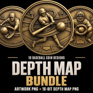 Könnte beinhalten: Eine Sammlung von drei runden, bronzefarbenen Baseball-Münzen mit Reliefdarstellungen eines Feldspielers, eines Schlagmanns und eines Fängers. Der Text lautet 10 BASEBALL COIN DESIGNS DEPTH MAP BUNDLE ARTWORK PNG + 16-BIT DEPTH MAP PNG.