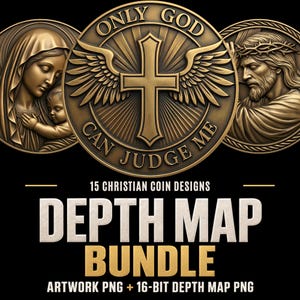 May include: A digital collection of 15 Christian coin designs featuring relief artwork of religious figures and a central cross with wings. The text reads ONLY GOD CAN JUDGE ME, 15 CHRISTIAN COIN DESIGNS, DEPTH MAP BUNDLE, ARTWORK PNG + 16-BIT DEPTH MAP PNG.