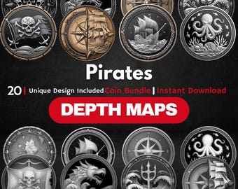 Pirate Coin Depth Map Bundle: 3D Depth Maps for Laser Engraving (PNG + Depthmaps)