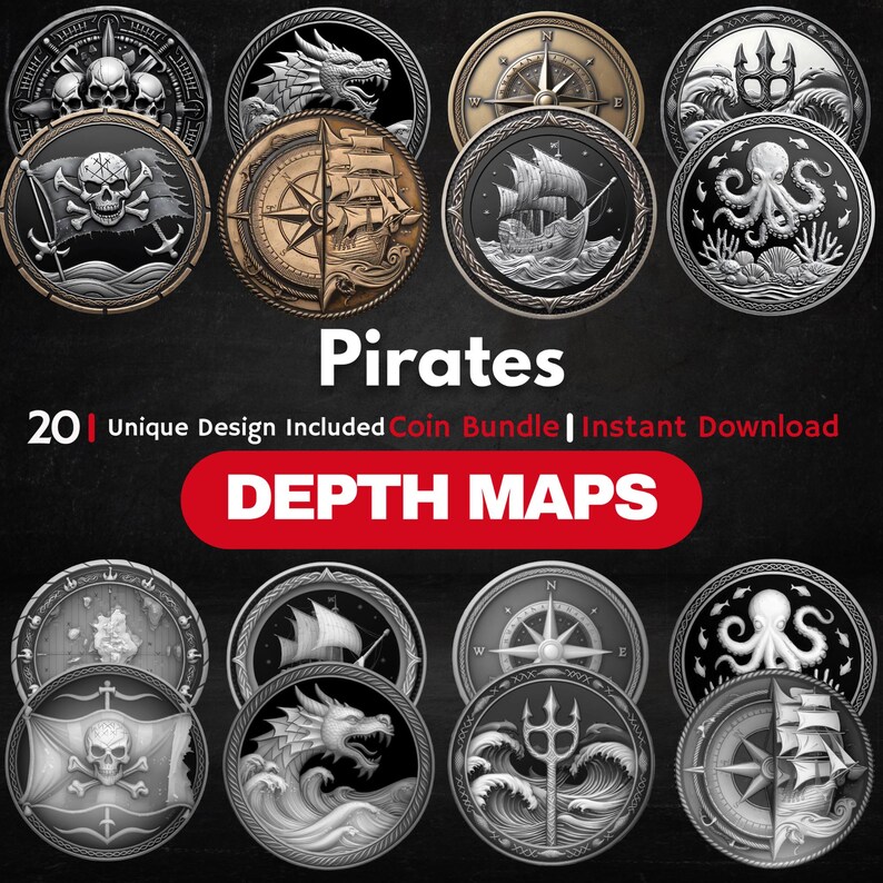 Pirate Coin Depth Map Bundle: 3D Depth Maps for Laser Engraving (PNG ...