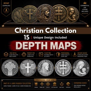 Op de afbeelding: Een digitale productafbeelding met een christelijke collectie van 15 unieke ontwerpen. De ontwerpen zijn dieptekaarten van religieuze symbolen, ideaal voor lasergraveren. De tekst "Christian Collection" en "Depth Maps" is inbegrepen.