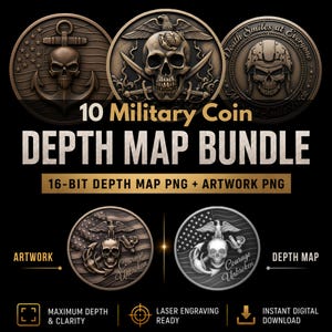 Marine Military Valor Coin Depth Map Bundle: 3D Depth Maps for Laser Engraving (PNG)