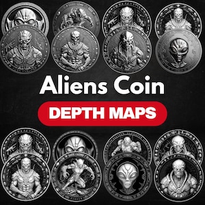 Alien Coin Depth Map Bundle: 3D Sci-Fi Depth Maps for Laser Engraving (PNG + Depthmaps)
