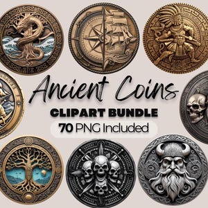 Pièce de monnaie ancienne Clipart Bundle Pièce en laiton modèles de découpe laser Pièces de pirate et Viking PNG pièces de monnaie vintage Flip Coin dessins de trésors réalistes