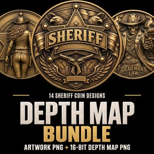 Puede incluir: Una colección digital de 14 diseños de monedas de sheriff con emblemas circulares de bronce metálico, imágenes en relieve de águilas, revólveres, una estrella de sheriff y una figura esquelética. El texto dice 14 SHERIFF COIN DESIGNS DEPTH MAP BUNDLE.