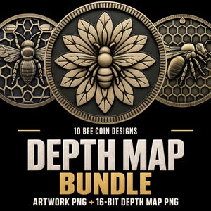May include: Three circular gold-toned coin designs featuring bee and honeycomb motifs against a black background. The text reads 10 BEE COIN DESIGNS DEPTH MAP BUNDLE ARTWORK PNG + 16-BIT DEPTH MAP PNG. The central coin displays a bee on a flower.