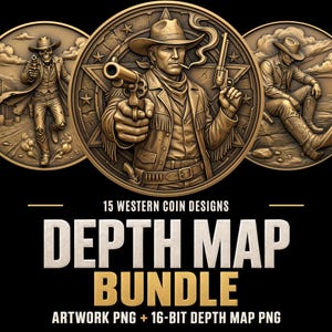 May include: A digital collection titled 15 WESTERN COIN DESIGNS DEPTH MAP BUNDLE ARTWORK PNG + 16-BIT DEPTH MAP PNG. The image displays three circular bronze-toned medallions featuring cowboy figures, including a skeleton and a smoking gunman.