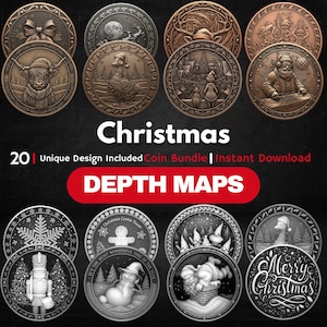 Christmas Coin Map Bundle: 3D-Tiefenkarten zum Lasergravieren (PNG + Tiefenkarten)