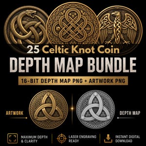 Paquete de mapas de profundidad para monedas conmemorativas del nudo celta: mapas de profundidad de relieve 3D para grabado láser
