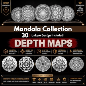 May include: A digital product image featuring a collection of 30 unique mandala designs. The grayscale images have intricate floral patterns. Text includes "Mandala Collection," "Depth Maps," and details about commercial use and instant download.