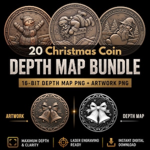 Christmas Coin Depth Map Bundle: 3D Depth Maps for Laser Engraving (PNG + Depthmaps)