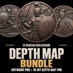 May include: A digital collection of 15 Spartan coin designs featuring relief illustrations of warriors in helmets with shields and spears. The text reads 15 SPARTAN COIN DESIGNS DEPTH MAP BUNDLE ARTWORK PNG + 16-BIT DEPTH MAP PNG in a bronze color palette.