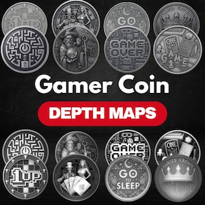 Gamer Coin Depth Map Pack: 3D Depth Maps for Laser Engraving (PNG + Depthmaps)