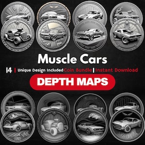 Classic Cars Coin Depth Map Bundle: 3D Depth Maps for Laser Engraving (PNG + Depthmaps)