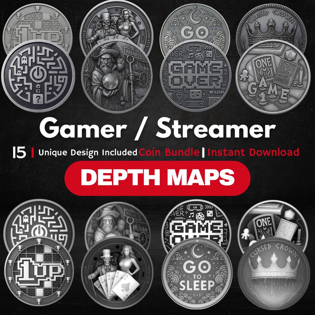 Gamer Coin Depth Map Pack: 3D Depth Maps for Laser Engraving (PNG ...
