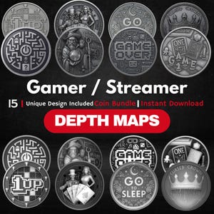 Gamer Coin Depth Map Pack: 3D Depth Maps for Laser Engraving (PNG + Depthmaps)