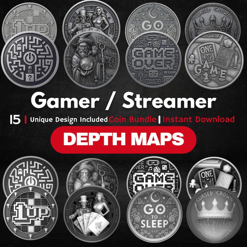 Map Coin Design Gamer Coin Depth Map Pack: 3D Depth Maps for Laser Engraving (PNG ...
