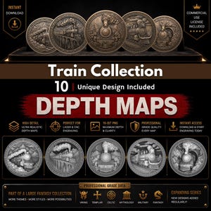 May include: A collection of ten unique train-themed depth maps. Each map features a detailed illustration of a steam train. The image includes text that says "Train Collection" and "Depth Maps". The maps are designed for laser and CNC engraving.