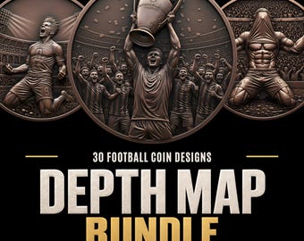 May include: A collection of three circular bronze-toned football coin designs featuring relief sculptures of players celebrating in a stadium. The text reads 30 FOOTBALL COIN DESIGNS DEPTH MAP BUNDLE ARTWORK PNG + 16-BIT DEPTH MAP PNG.