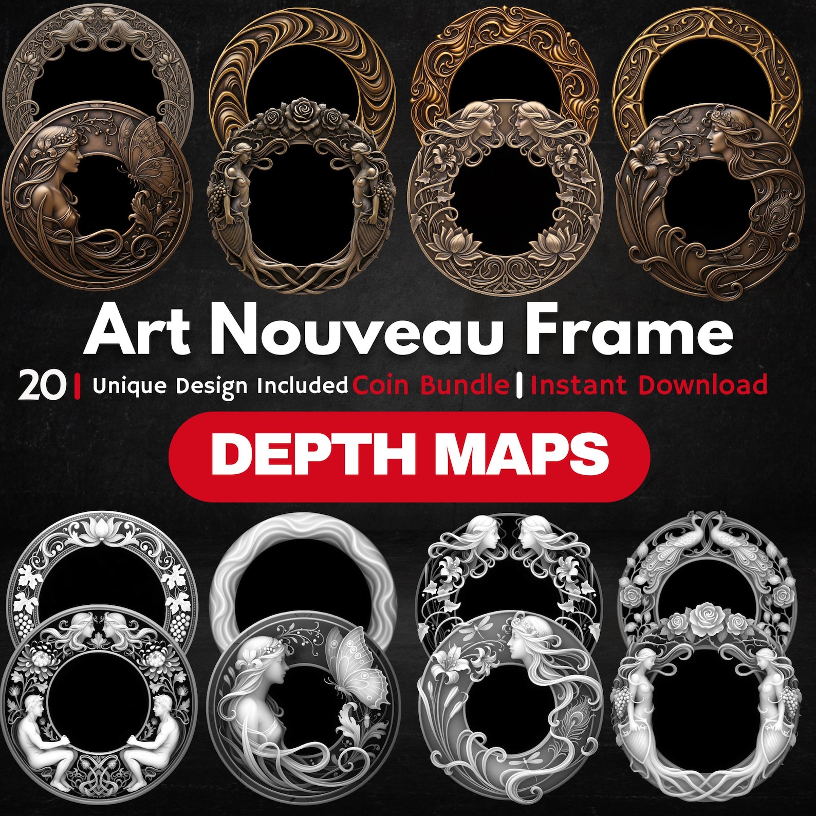 Art Nouveau Coin Frame Depth Map Bundle: 3D Embossing Depth Maps for ...