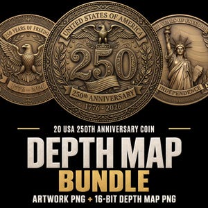 Puede incluir: Una colección digital de tres monedas conmemorativas en tonos bronce con el texto 250th Anniversary 1776-2026, un águila y la Estatua de la Libertad. La imagen incluye el texto 20 USA 250TH ANNIVERSARY COIN DEPTH MAP BUNDLE ARTWORK PNG + 16-BIT DEPTH MAP PNG.