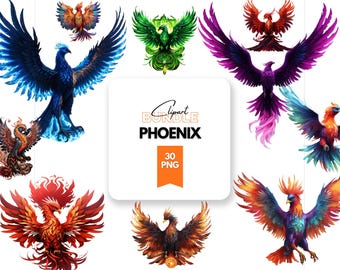 Ensemble de cliparts phoenix aquarelle PNG : motifs d&#39;oiseaux mythiques (30 fichiers PNG)