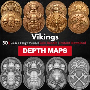 Paquete de mapas de profundidad de monedas vikingas: mapas de profundidad 3D para grabado láser (PNG + mapas de profundidad)