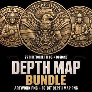Könnte beinhalten: Eine digitale Sammlung von 25 Feuerwehr-Münzdesigns mit bronzefarbenen runden Emblemen, Adlern, Flaggen und Feuerwehrleuten in Ausrüstung. Der Text lautet 25 FIREFIGHTER II COIN DESIGNS DEPTH MAP BUNDLE.