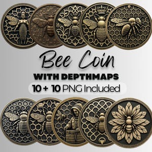 Dieptekaart bij munt, png-afbeelding, imker 3D-munt lasergravure, hoogtekaart bestand voor bij-token, png voor Lightburn 3D-lasergravure grijstinten