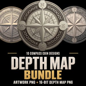 May include: Three circular metallic compass coins featuring cardinal directions N, S, E, and W with intricate knotwork borders. The text below reads 10 COMPASS COIN DESIGNS DEPTH MAP BUNDLE ARTWORK PNG + 16-BIT DEPTH MAP PNG against a black background.
