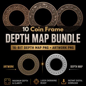 Coin Frame Depth Map Bundle: 3D Embossing Depth Maps for Laser Engraving (PNG)