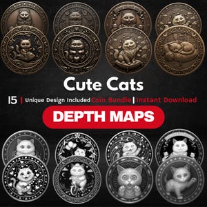 Paquete de mapas de profundidad de monedas de gato: archivos PNG para grabado láser 3D