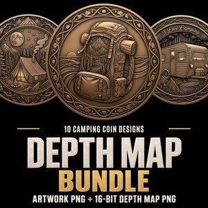Puede incluir: Una colección de tres medallones circulares en tonos bronce con escenas de camping en relieve, incluyendo una tienda de campaña, una mochila de senderismo y una caravana. Se muestra el texto 10 CAMPING COIN DESIGNS DEPTH MAP BUNDLE ARTWORK PNG + 16-BIT DEPTH MAP PNG.