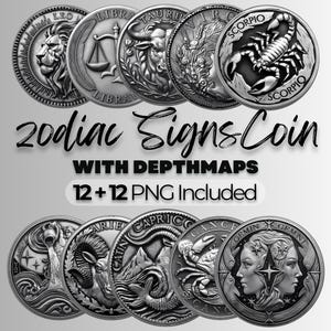 Moedas de signos do zodíaco antigos PNG Pacote de moedas a laser de signos do zodíaco Modelo de corte a laser de moedas de latão Moeda realista do zodíaco Mapas de departamento Moeda de astrologia