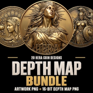 Könnte beinhalten: Eine digitale Sammlung von 20 Hera-Münzdesigns mit goldfarbenen kreisförmigen Reliefs einer weiblichen Figur mit langem Haar und Krone. Der Text lautet 20 HERA COIN DESIGNS DEPTH MAP BUNDLE ARTWORK PNG + 16-BIT DEPTH MAP PNG auf schwarzem Hintergrund.