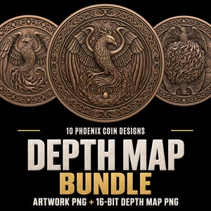 May include: A digital collection of 10 phoenix coin designs featuring intricate bronze-toned circular reliefs of mythical birds, flames, and eggs. The text reads 10 PHOENIX COIN DESIGNS DEPTH MAP BUNDLE ARTWORK PNG + 16-BIT DEPTH MAP PNG on a black background.